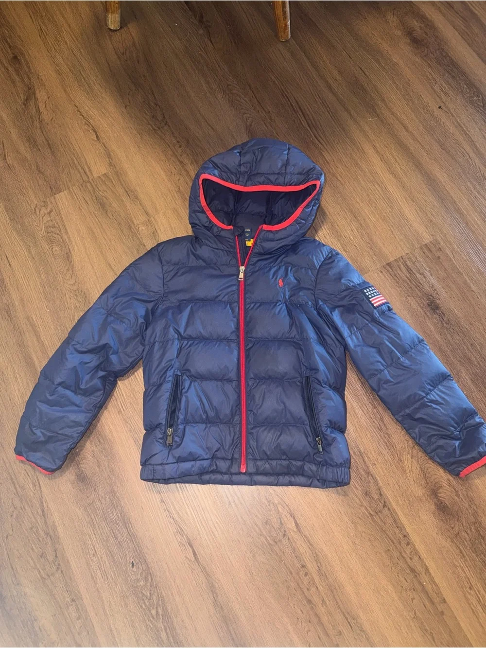 Polo by Ralph Lauren Kids Navy Hooded Puffer Jacket with Red Trim